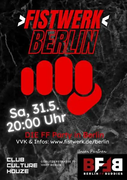 Plakat für die Fistwerk Berlin Veranstaltung mit rotem Faustsymbol und Veranstaltungsdetails.