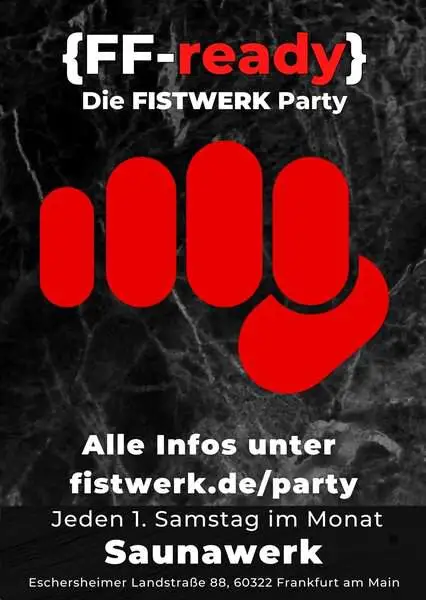 Schwarzer Flyer mit rotem Fist-Symbol und Informationen zur FISTWERK Party in Frankfurt.