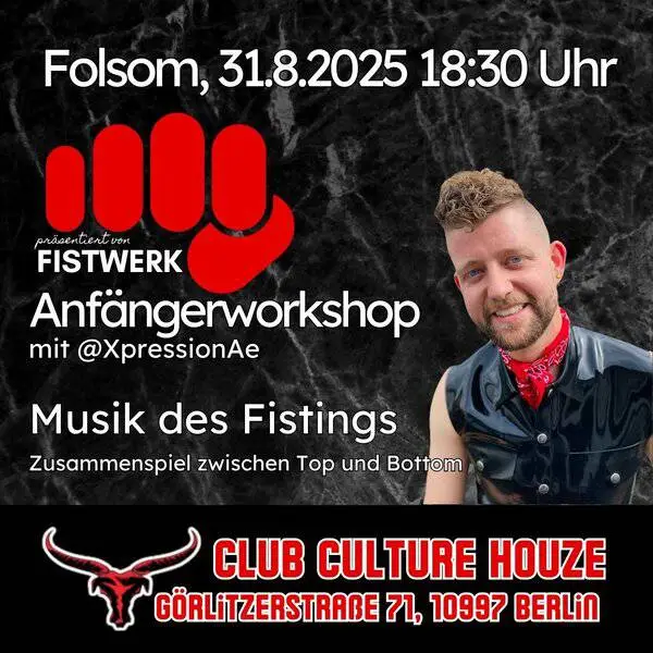 Ankündigung für einen Anfänger-Workshop zum Thema Fisting in Berlin am 31. August 2025.