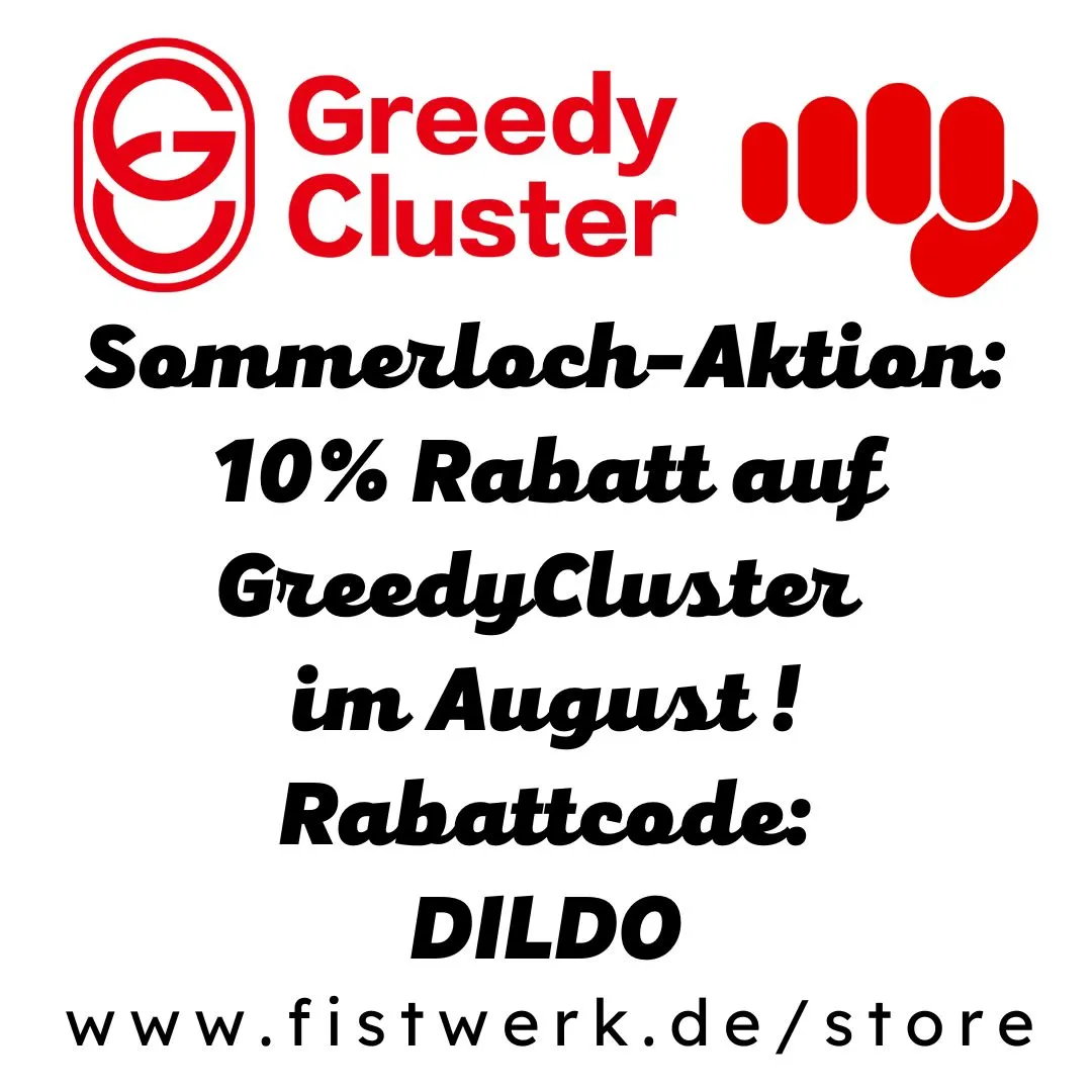 Grafik mit Rabattangebot für GreedyCluster-Produkte im August 2025.